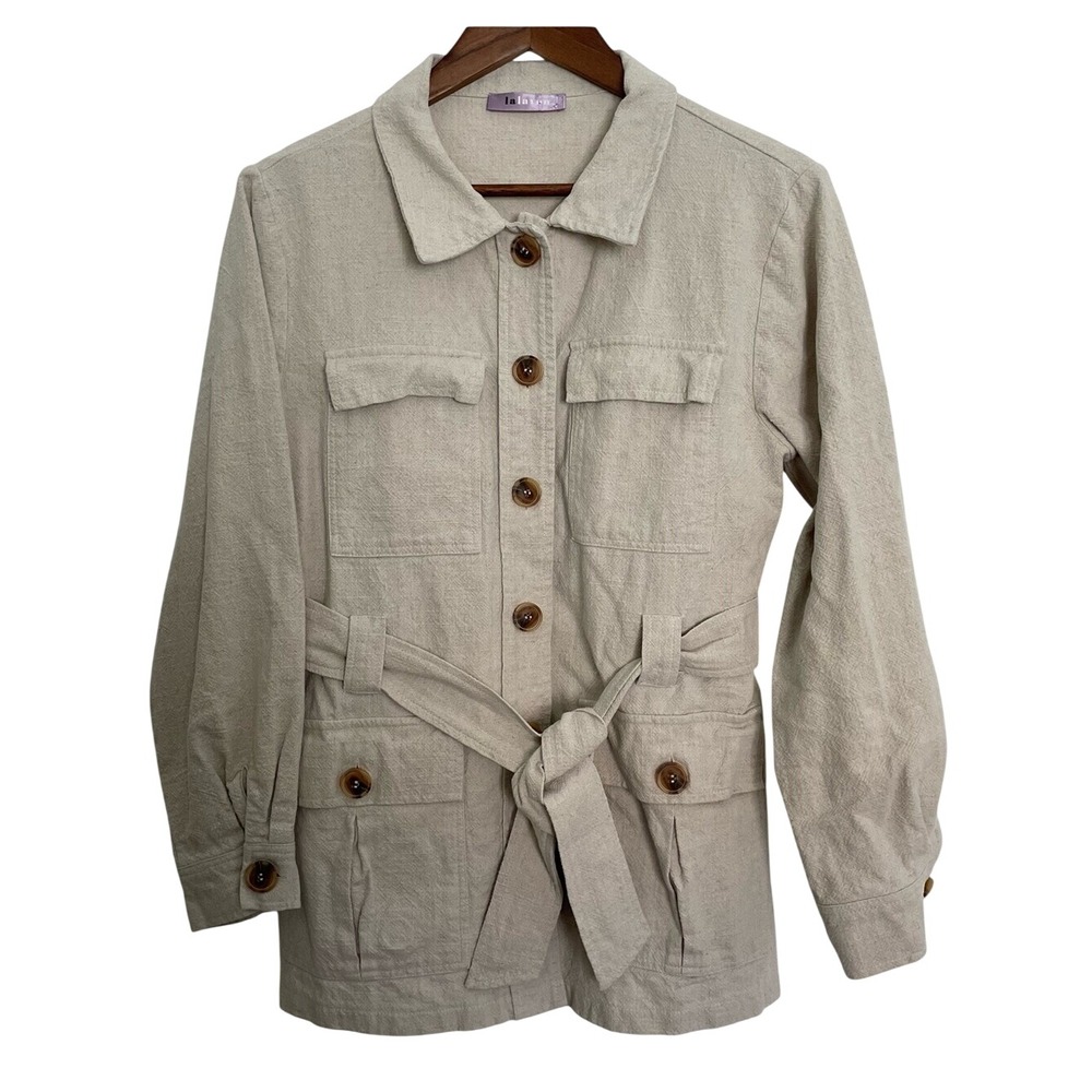 Linen Blend Safari Jacket Women M Belted Utility 4 Pocket Oatmeal Quiet Luxury